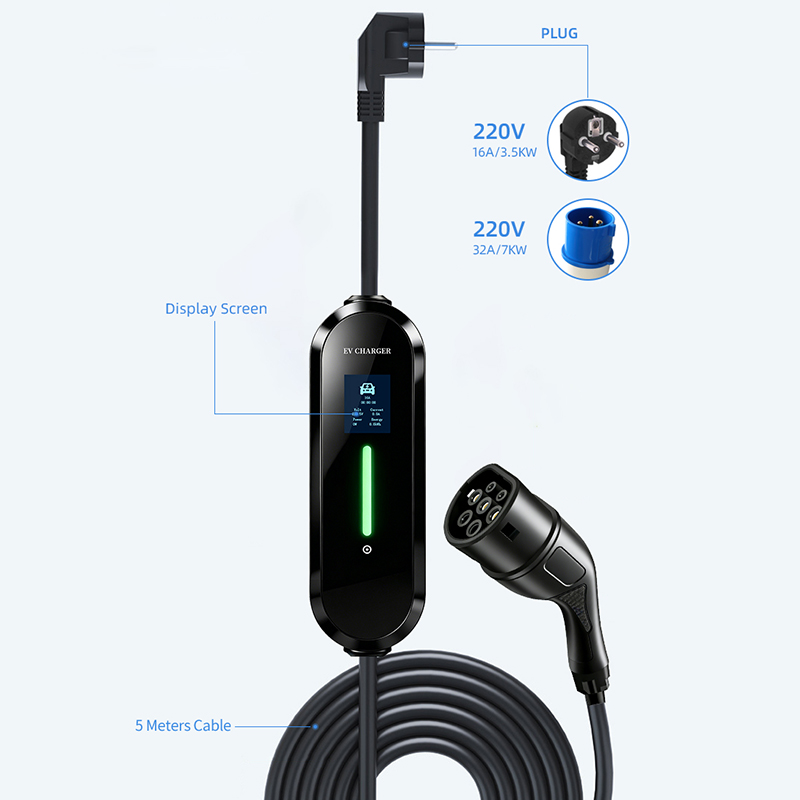 Pistola de carga para veh&iacute;culos el&eacute;ctricos de CA tipo 2 de 3,5 kW y 7 kW | Conector de cargador EV est&aacute;ndar de la UE con pantalla LCD de 1,8 pulgadas, resistente al agua IP65