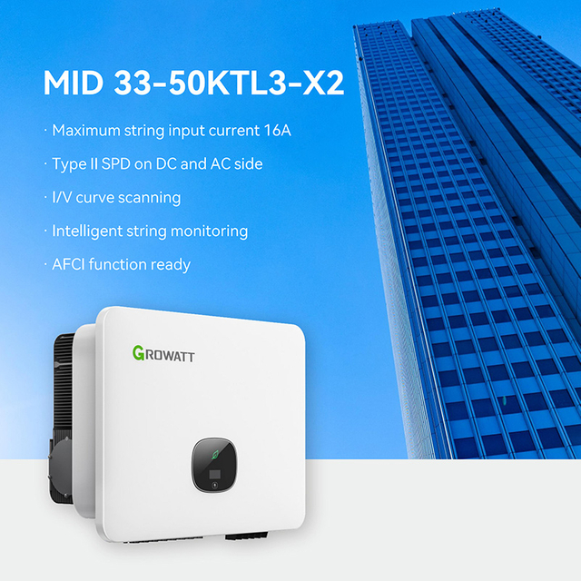 Growatt MID 30-50KW Inversor de cadena fotovoltaica para conexi&oacute;n a red, trif&aacute;sico, 3/4 MPPT, resistente al agua IP66, alta eficiencia 98,8% para plantas de energ&iacute;a solar comerciales
