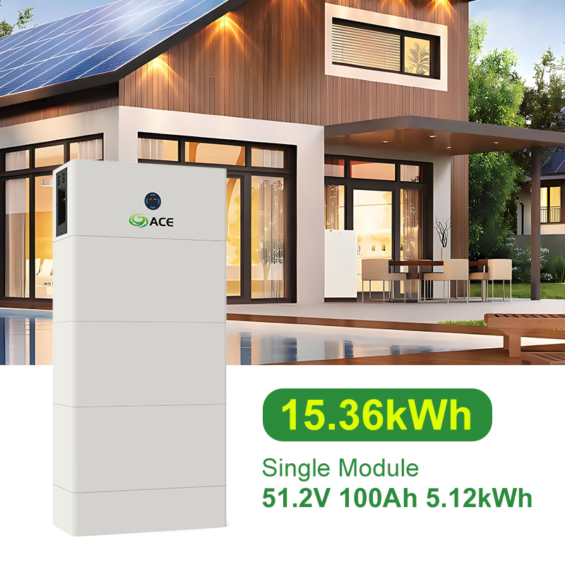 Stackable LiFePO4 Battery System, 3 Modules Stack to 153.6V 15.36kWh Single Module 51.2V 100Ah 5.12kWh Residential Solar Energy Storage