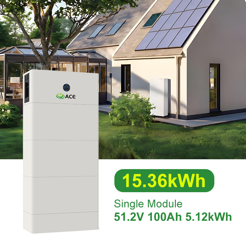 Stackable LiFePO4 Battery System, 3 Modules Stack to 153.6V 15.36kWh Single Module 51.2V 100Ah 5.12kWh Residential Solar Energy Storage