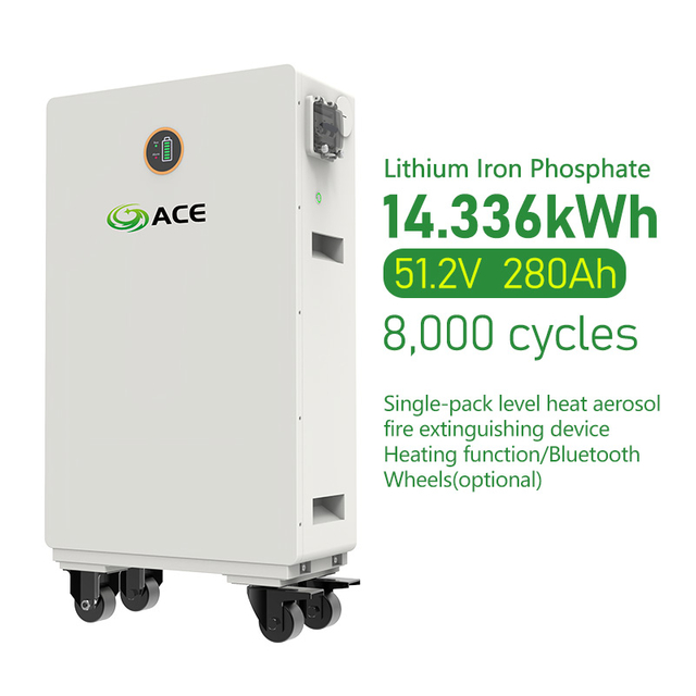 ACE m&oacute;vil para todo clima, bater&iacute;a LiFePO4 de 51,2 V, 14.336kWh, 280Ah, bajo mantenimiento, almacenamiento de energ&iacute;a Solar fuera de la red, Bluetooth inteligente